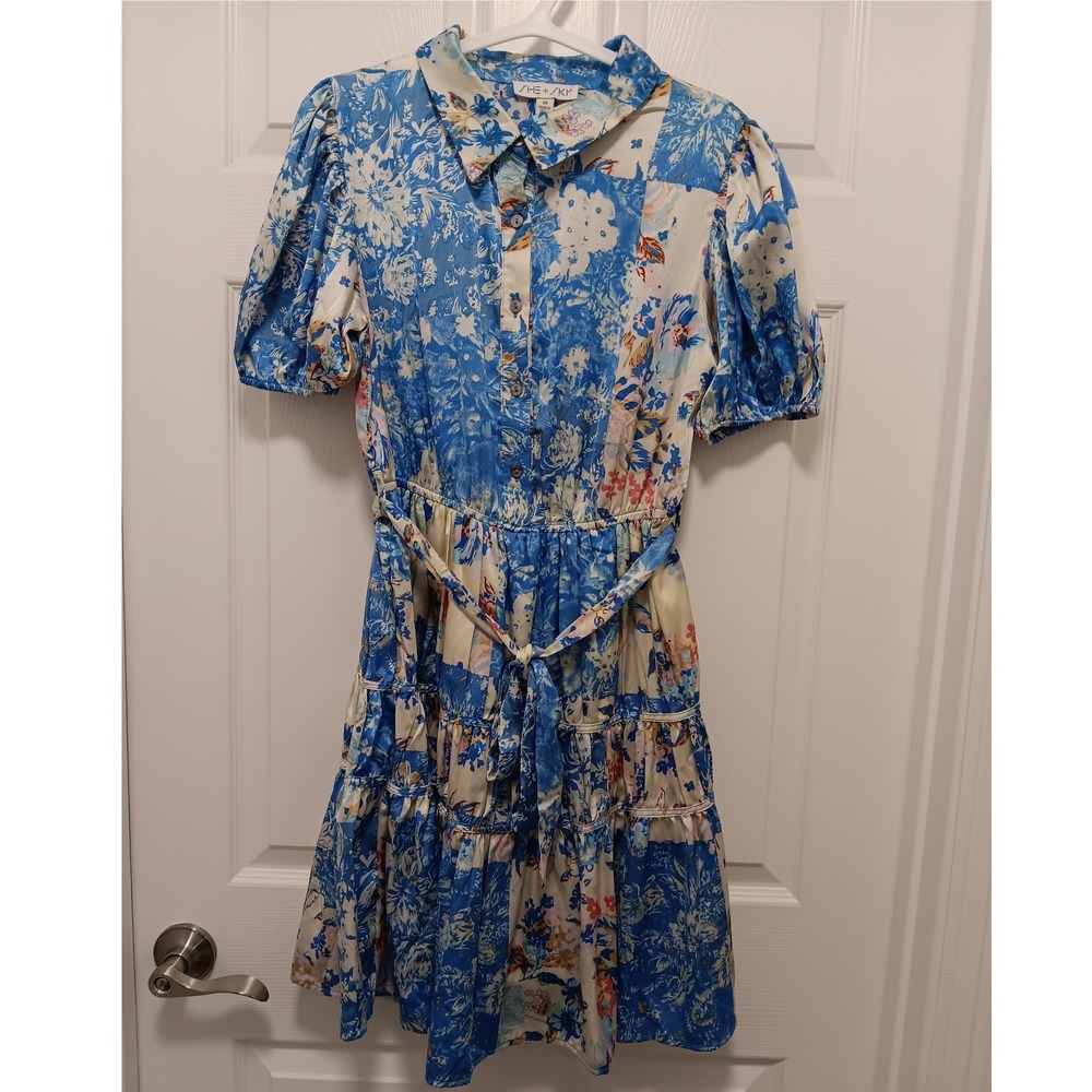 She + Sky Blue Floral Patchwork Puff Sleeve Tiered‎ Mini Dress SY6844 Medium
